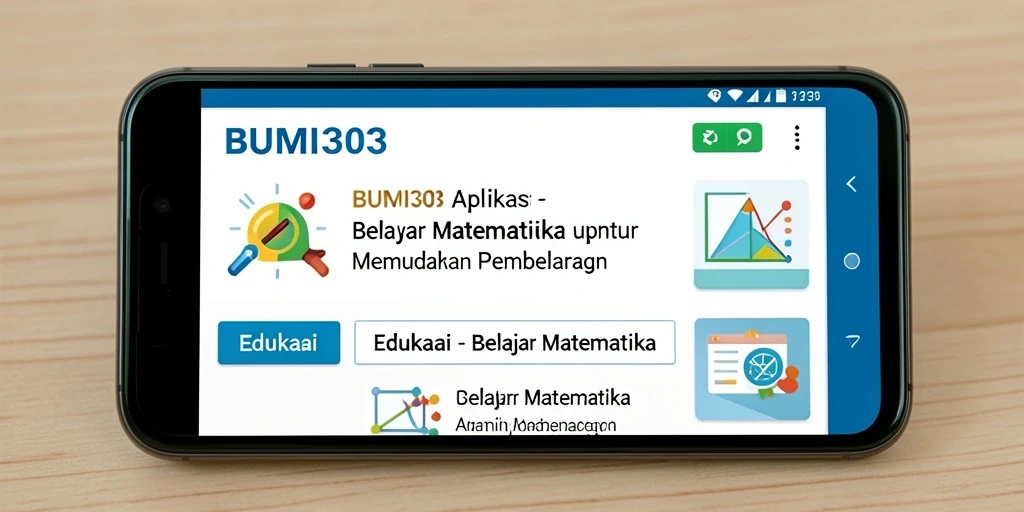 Screenshot aplikasi BUMI303 menampilkan antarmuka Belajar Matematika yang interaktif.