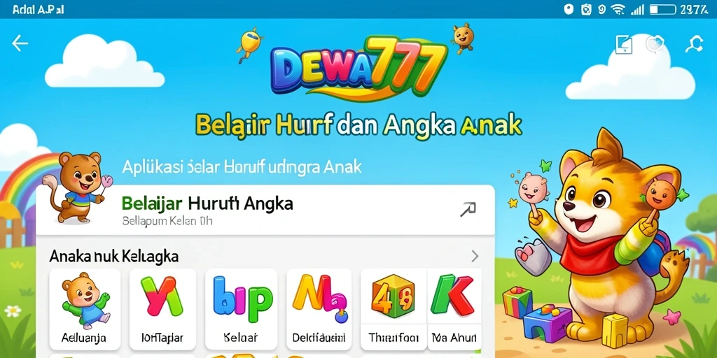 Tampilan antarmuka aplikasi DEWA777 untuk belajar huruf dan angka.