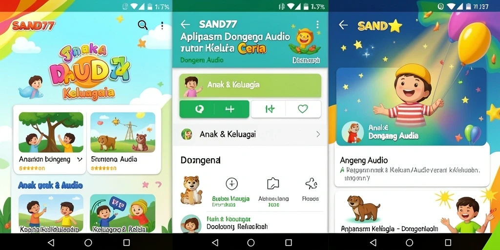 Antarmuka aplikasi SAND77 yang menarik dengan fitur Dongeng Audio.